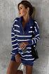 Striped O-Ring Zip Front Collared Drop Shoulder Long Sleeve Sweater Dress